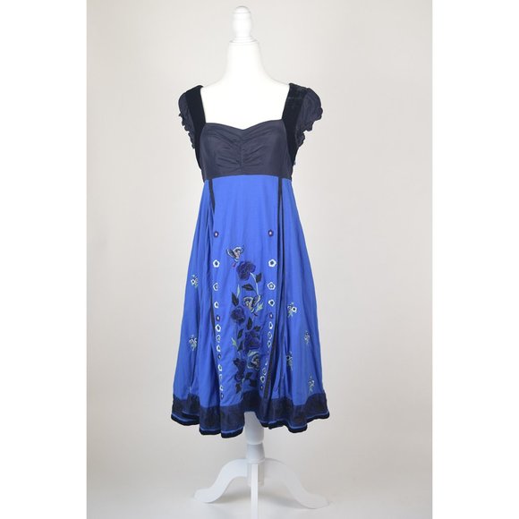 Anthropologie Vintage Lithe Silent Solstice Blue/Black Embroidered Dress Size 4 - Picture 2 of 10